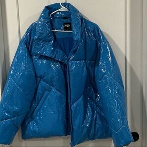 Zara Shiny Blue Puffer Coat